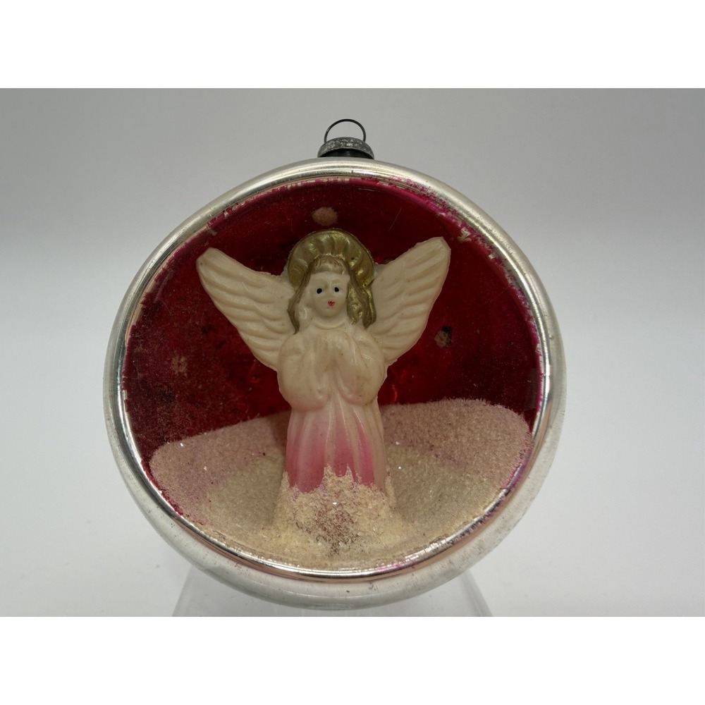 Vintage Mercury Glass Diorama Christmas Ornament Angel Hot Pink Mica Shiny Brite